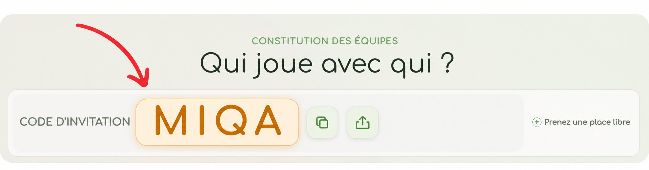Exemple de l’écran de préparation avec une flèche rouge pointant vers le code d’invitation MIQA.